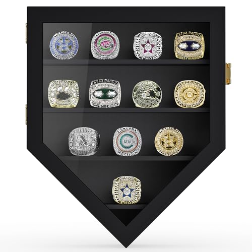 Image of TJ.MOREE 12 Rings Championship Ring Display Case Wall Mount Wooden | Shadow Box with Locks to Show Sport, Class, Fraternity, and Award Rings, Black