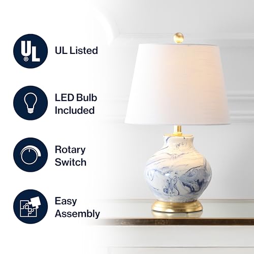 JONATHAN Y 20.5" Blue/White Marbleized Ceramic Table Lamp, Contemporary Traditional Bedside Lamp for Living Room, Gold Accents, White Linen Empire Shade, LED Bulb Included JYL3007A by JONATHAN Y - Image 3
