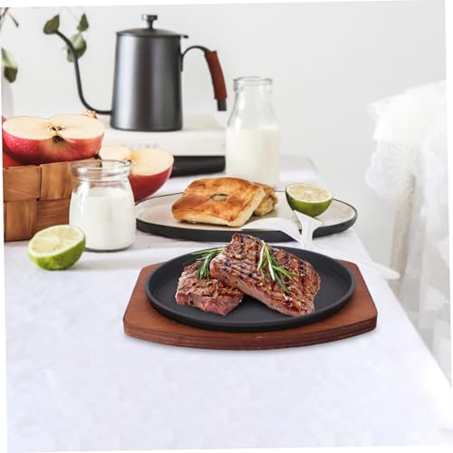 TOPPERFUN Sizzle Platter Set 19cm Cast Iron Stovetop Grill Pan Wooden Base Non-Stick Induction Griddle Plate for Steak Fajitas BBQ Serving - Image 2
