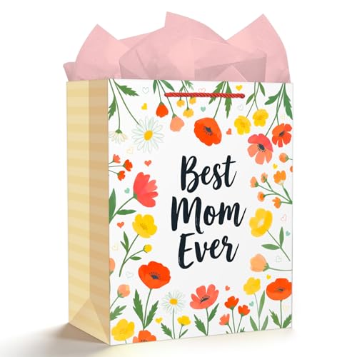 WaaHome Happy Mothers Day Gift Bags - 11.5'' Large Mothers Day Gift Bag for Mom Grandma Daughter Sister, Reusable Boho Flower Mom Wrapping Paper Bag with Tissue Paper and Handle