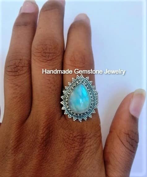 Rainbow Moonstone Ring, Water-drop Stone Ring, Artisan Design Ring, Blue Flash Ring, June Birthstone Ring, Wedding Ring, Pear Stone Ring, Bohemian Ring, Trendy Ring, Natural Moonstone Jewelry
