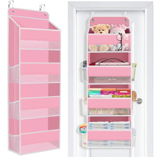 Image of Over the Door Organizer, 4 Large Pocket Hanging Storage with 40lb Capacity | Space Saving Door Storage for Nursery, Bathroom, Bedroom and Closet, Baby Essentials and Toiletry Organizer, Pink
