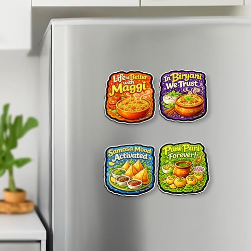 Image of Regalo Casila Indian Food Quotes Fridge Magnet 4 Pc Set Tourism Souvenir Wooden Travel Magnet Maggi Biryani Samosa Pani Puri Refrigerator Magnet Decorative Kitchen Decor Gift