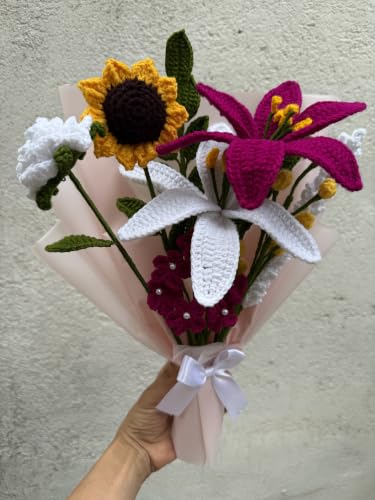 Image of Artificial Crochet Red Rose Flower Bouquet / Forever Flowers /Valentine Day romantic Gift for Girls / boys / girlfriend / boyfriend / husbund / wife Home Decor gift ideas (white+pink lily 8 flower set)