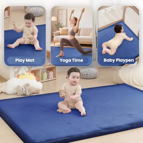 Image of Baby Play Mat for Floor,1.3 inch Thick Memory foam Tummy Time Mat,Soft Coral Velvet Nursery Rug,Extra Large Non Slip Crawling Mat for Toddlers,Infants,kids,oga,Tatami Style for Living Room(Royal Blue)