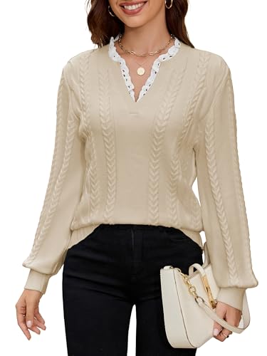 Angashion Womens Sweaters Long Sleeve Casual V Neck Jumper Tops Fall Winter Knit Pullover Sweater Apricot X-Large