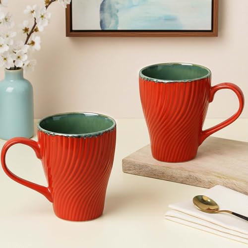 Image of The Earth Store Red Fusion Wave Coffee Mug - 300ML Ceramic Coffee Mugs Set of 2 | Microwave & Dishwasher Safe Mugs for Gift | Home | Office | Restaurant | Daily Use Tea Mug