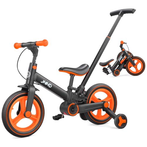 JMMD 6 in 1 Toddler Bike with Push Handle for Kids 18-60 Months, 12' Foldable Balance Bike with Training Wheels, Pedals, Brakes, Kickstand, Push Tricycle Toddler Gift & Toys for Boy & Girl