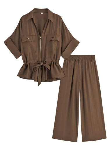 Mingzhu Womens 2 Piece Linen Outfits Short Sleeve Zipper Drawstring Waist Safari Shirts Wide Leg Pants With Pockets(0984-Brown-S)