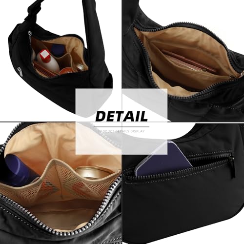 Image of Small Puffer Crescent Underarm Shoulder Bag for Women, Nylon Quilted Purses Handbags with Adjustable Strap, Black