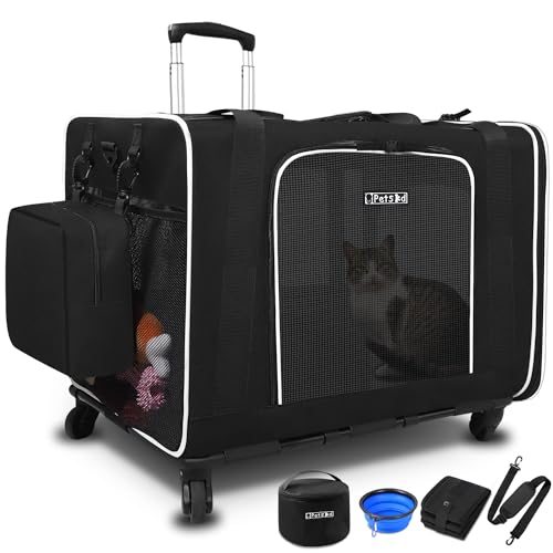 Petskd Extra Large Pet Carrier with Wheels 24″x17″x17″ for Cats, Pet Carrier for 2 Cats or Medium Dog, Cat Carrier for Car Travel with Litter Box and Bowl, Cat Soft Carrier with Locking Safety Zipper