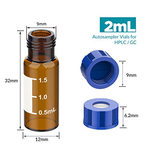 Membrane Solutions Autosampler Vials, 2Ml Hplc Vials, 9-425 Lab Amber Vials With Write-On Spot And Graduations, 9Mm Blue Abs Screw Caps & Septa For Gc Sample Vials, 100 Pcs #TOP1