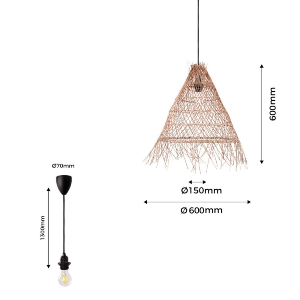 BARCELONA LED- Lámpara colgante techo de mimbre "Willow". Lámpara casquillo E27, Florón y cable ajustable (Negro). Lámpara de techo dormitorio, salones, locales comerciales.