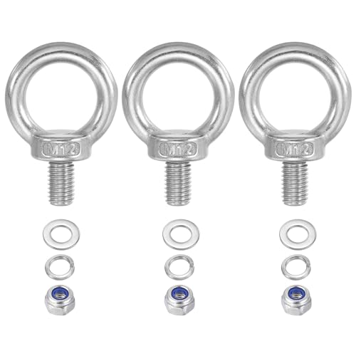 PATIKIL M12 x 20mm Lifting Shoulder Eye Bolt, 3Pcs 304 Stainless Steel Lifting Ring Threaded Eyebolt with Nuts Washers for Hanging Hammocks Articles