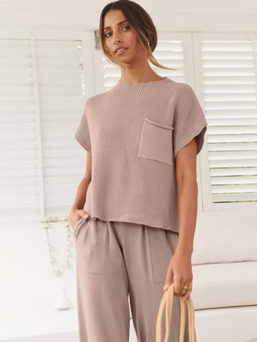 Image of ANRABESS Women's Two Piece Outfits Sweater Sets Knit Pullover Tops and High Waisted Pants Tracksuit Lounge Sets