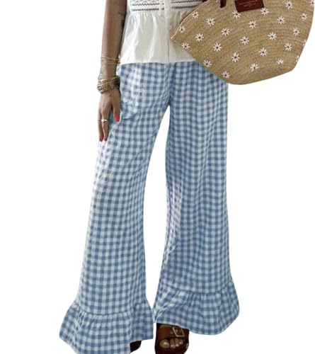 chouyatou Women's Vintage Plaid Wide Leg Pants Flare Ruffle Hem Elastic Waist Long Palazzo Pants