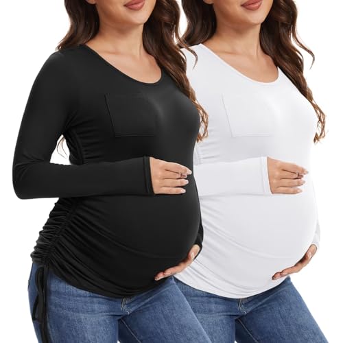 Happy.angel 2 Pack Maternity Shirts Long Sleeve Casual Fall Pregnancy Blouses Basic Tops Mama Clothes Plus Size Tshirts S-4XL,White,M