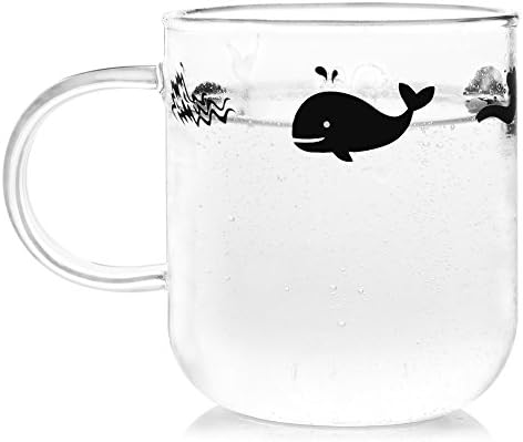 ELITEA Glass Mug with Handle Clear Cute Coffee Mugs Tea Cup with Whale Print 12.2oz