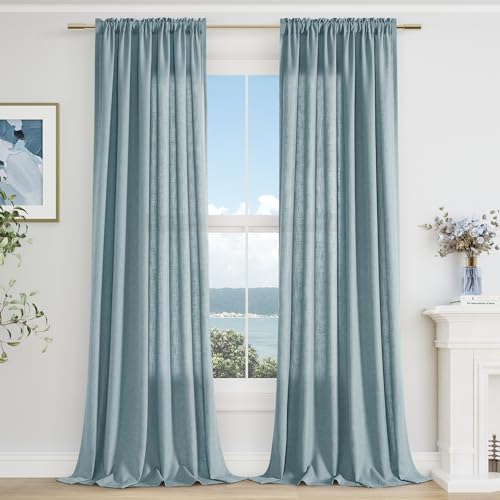 Guken Blue Linen Curtains 96 Inch Long for Living Room Rod Pocket 2 Panels