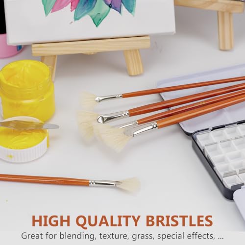 DUGATO Artist Fan Paint Brush Set of 7, White Hog Bristle Natural Hair Anti-Shedding Brush Tips, Long Wooden Handle for Comfortable Holding, Great for Acrylic Oil Painting
