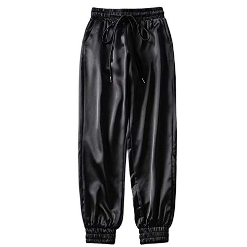 Shujin Pantaloni da jogging da donna, con coulisse, per il tempo libero, a righe, in raso, elasticizzati, con tasche, Nero , S