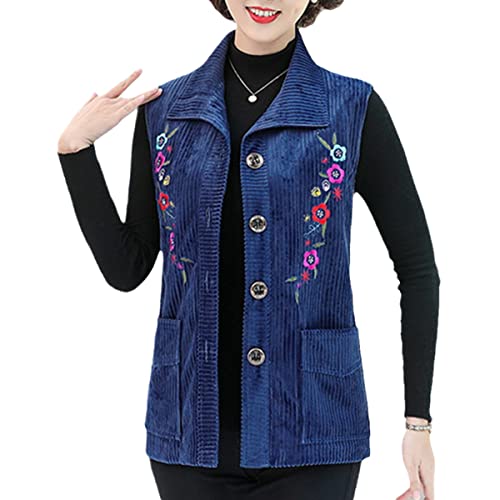 Gilet ample pour femme en velours côtelé veste mi-longue brodée senior bleu XL