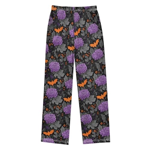Pajama Pants Lounge Sleep PJ Bottoms Sleepwear Elastic Waist Drawstring S Orange Bat Purple Flower2