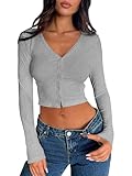 Long Sleeve Button Up Crop Tops for Women V Neck Ribbed Cami Shirts Y2k Cute Tight Tops Baby Tees Grey M