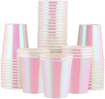 Pink Paper Cups 9oz (38 Pack) Disposable Party Cups for Hot and Ice Drinks as Juice,Tea,Milk, Beverages, Soda - Pink Pastel Iridescent Drink Cups for Unicorn Party, Children's Party, Birthday Party