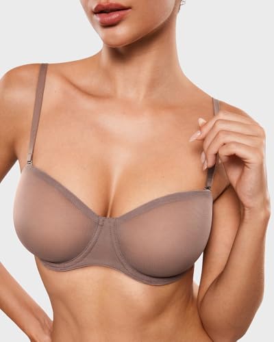 Image of INLYRIC Women's Sheer Strapless Bras Mesh Sexy Unlined Plus Size See Through Bra Underwire Demi Mesh Non Padded
