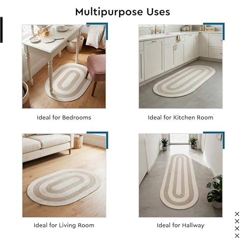 Image of Encasa XO Oval Braided Rug for Living Room & Bedroom | Cotton Blend Reversible Floor Carpet | Handwoven Natural Fiber Carpet | Washable Area Rug for Home Decor | Beige & Off-White (60x150 cm) | 2x5 Ft