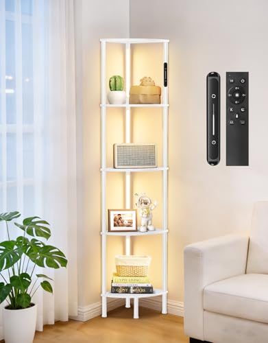 OUTONLIFE Lámpara de Pie con Estantes LED, Control Táctil y Remoto, Luz Giratoria 360°, 3 Temperaturas de Color, Regulable, Estantería Esquinera para Sala, Dormitorio u Oficina