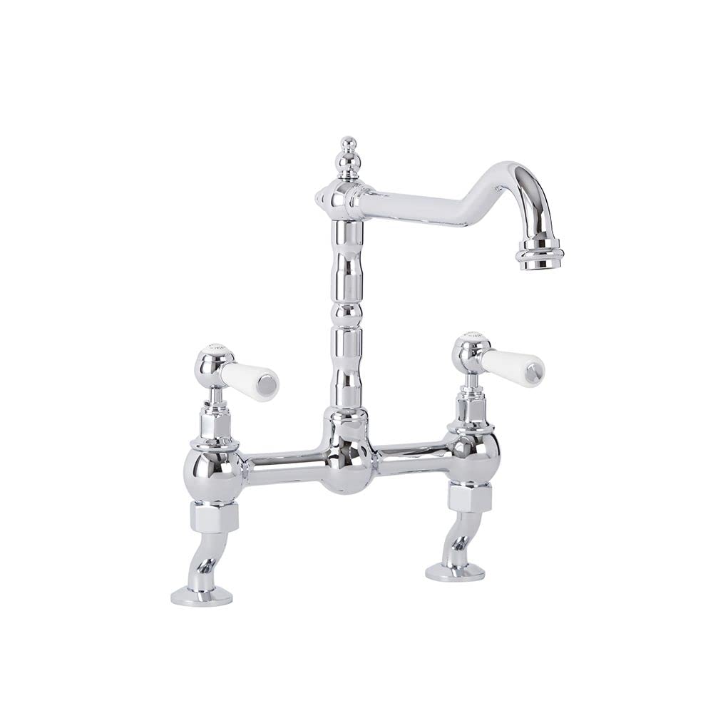 Milano Chrome & White Elizabeth Lever Handle Bridge Kitchen Sink Mixer Tap Swivel Spout - Chrome