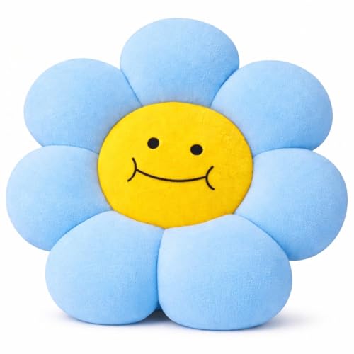 Image of AVSHUB Smiley Flower Cushion 30 cm | Soft Plush Pillow for Sofa Bed Decor | Cute Round Floral Shape Throw Cushion for Kids Room Living Room Gift Item (Blue)