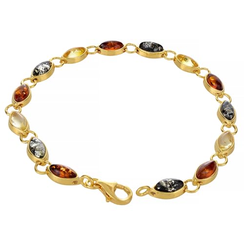 18K Gold Plated 925 Sterling Silver and Multicolored Baltic Amber Bracelet, Amber Jewelry Collection