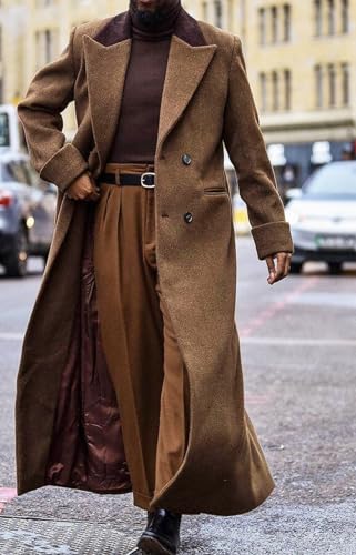 Man's Double Breasted Full Length Trench Coat Casual Notch Lapel Long Jacket Peacoat Wool Blend Winter2