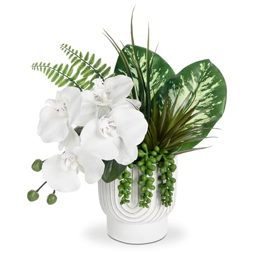 Arborus Orquídeas artificiales en maceta de cerámica de 12.9 pulgadas, flores artificiales de orquídeas blancas de seda falsa, arreglo floral de Phalaenopsis, planta artificial para interiores para