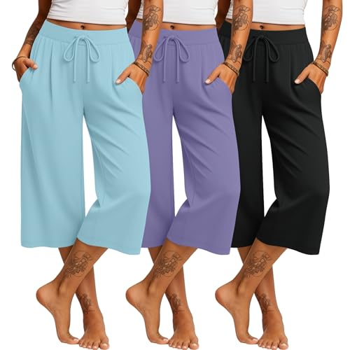 Image of Locoowai 3 Pack Women's Capri Pants Casual Wide Leg Yoga Pants High Waist Drawstring Cropped Lounge Sweatpants with Pockets