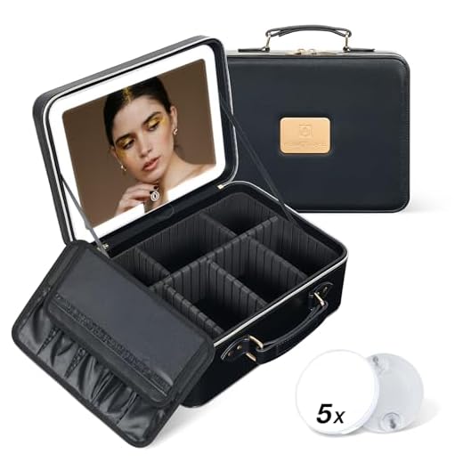 Kalolary Trousse de Maquillage avec Miroir LED, Mallette de Maquillage Professionnel 3 Modes d'Éclairage Sac de Rangement Cosmétique Portable avec Loupe 5X Maquillage (Noir)