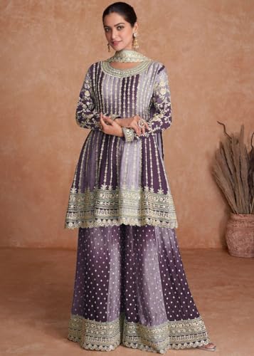 Image of Miss Ethnik Dual Tone Strip Chinon Heavy Embroidered Stitched Sharara Suit Set With Dupatta (ME-1129)