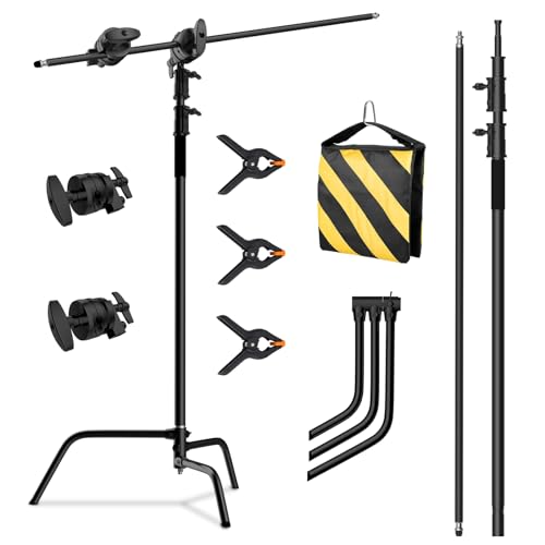 GSYXERGILES C Stand with Boom Arm Photography Light Stand Kit - Heavy Duty C-Stand with 6.8ft/210cm Stainless Steel Pole 2.8ft/87cm Boom Arm Grip Heads Sandbag for Studio Lighting Black