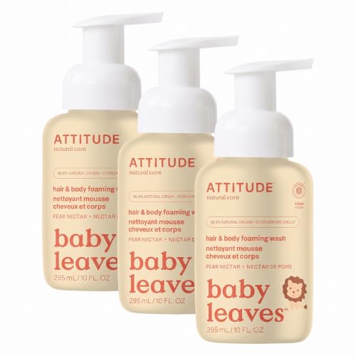 ATTITUDE 2-in-1 Hair and Body Foaming Wash for Baby, EWG Verified, Dermatologically Tested, Made with Naturally Derived Ingredients, Vegan, Pear Nectar, 10 Fl Oz (Pack of 3)