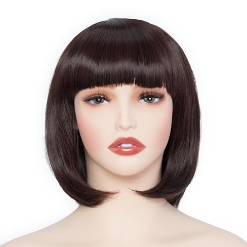 Image of Rose bud Natural Brown Wig Bob Straight 12 Inch Short Hair Cosplay Wigs for Women Costume Party Halloween