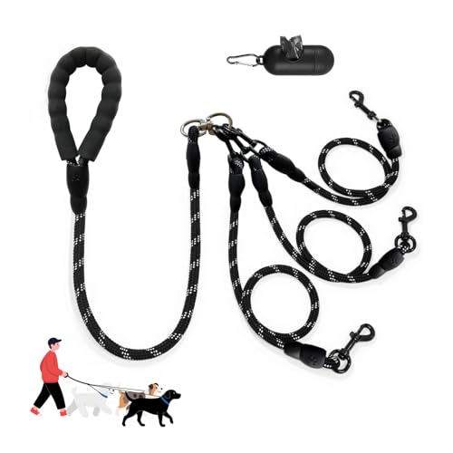 LEOSASA No-Tangle 3 Dogs Leash - Main Lead Rope with Padded Handle Three Detachable Leash Splitters with Heavy-Duty Clip Perfect for Walking Running Small Medium Large Dogs (Black)