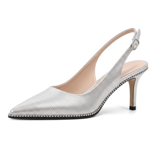 Image of YODEKS Slingback Heels for Women Pointy Toe Beaded Heels Close Toe Kitten Heel Pumps 2.5 Inch Stiletto Pumps Wedding Party Dressy Shoes