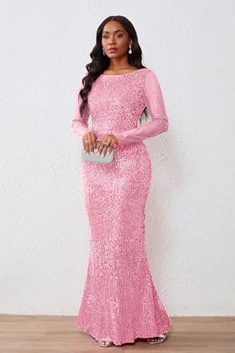 Image of VERWIN Women's Sequins Bodycon Round Neck Long Sleeve Sparkly Mermaid Maxi Dress for Casual Party Cocktail