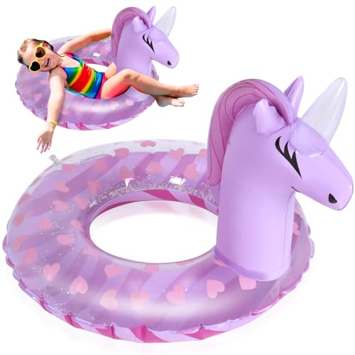 Zuimei Unicorn Inflatable Pool Floats for Kids PVC Float Inflatable Swimming Rings with Glitter Swimming Pool Toy Rubber Ring for Summer Pools Water Party Purple (5-9 Years Old)