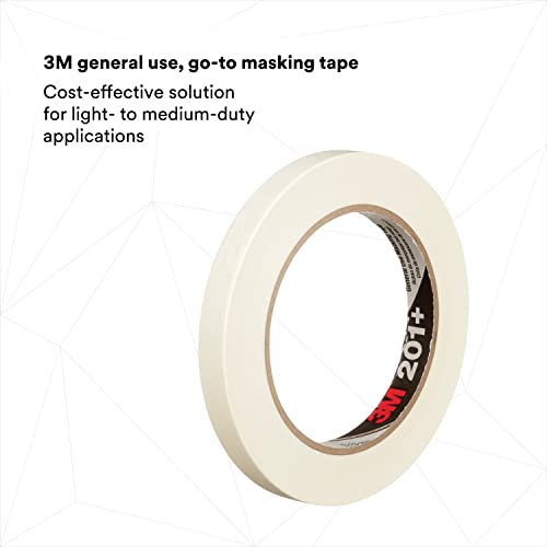 Image of 3M General Use Masking Tape 201+, Crepe Paper, Tan, 12 mm x 55 m, 72 /Case | 4.4 mil, Low Unwind, Clean Removal, Easy Tear, Resist Slivering