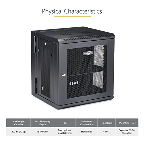 Image of StarTech 12U Wall-Mount Cabinet, 19in, 4-Post, 16in Deep, 198lb (RK12WALHM) | Hinged enclosed locking network server rack kit, Adjustable depth 2.4-16in, SPCC steel, Ships fully assembled