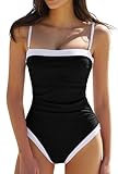 QINSEN Strappy Swimsuit for Womens Tummy Control Modest One Piece Color Blocking Bathing Suits Black M